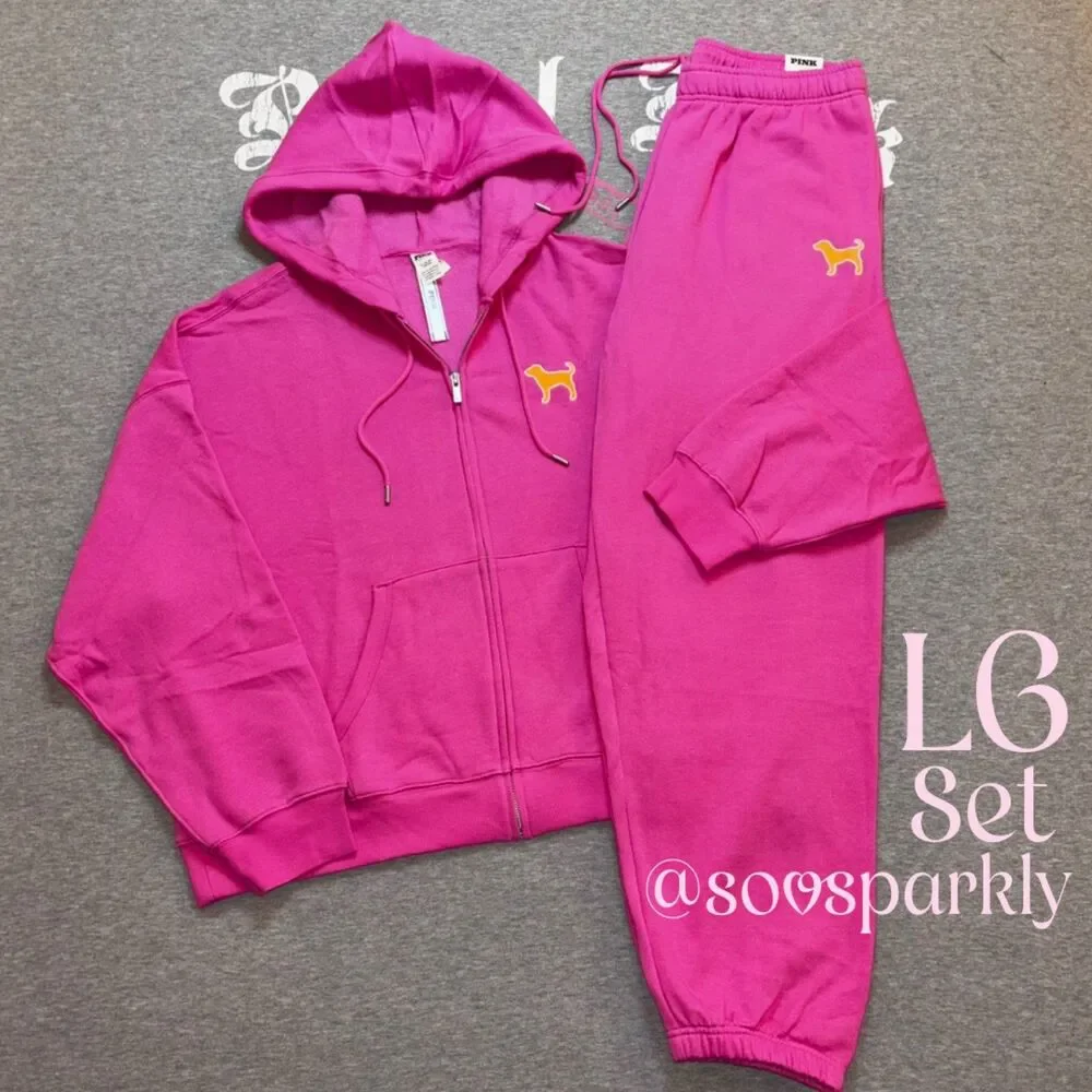 VS PINK Limited Edition Hot Pink & Orange Embroidered Pup Dog Logo Outfit - LG - Picture 1 of 10